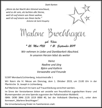 Anzeige von Marlene Brochhagen von Kölner Stadt-Anzeiger / Kölnische Rundschau / Express