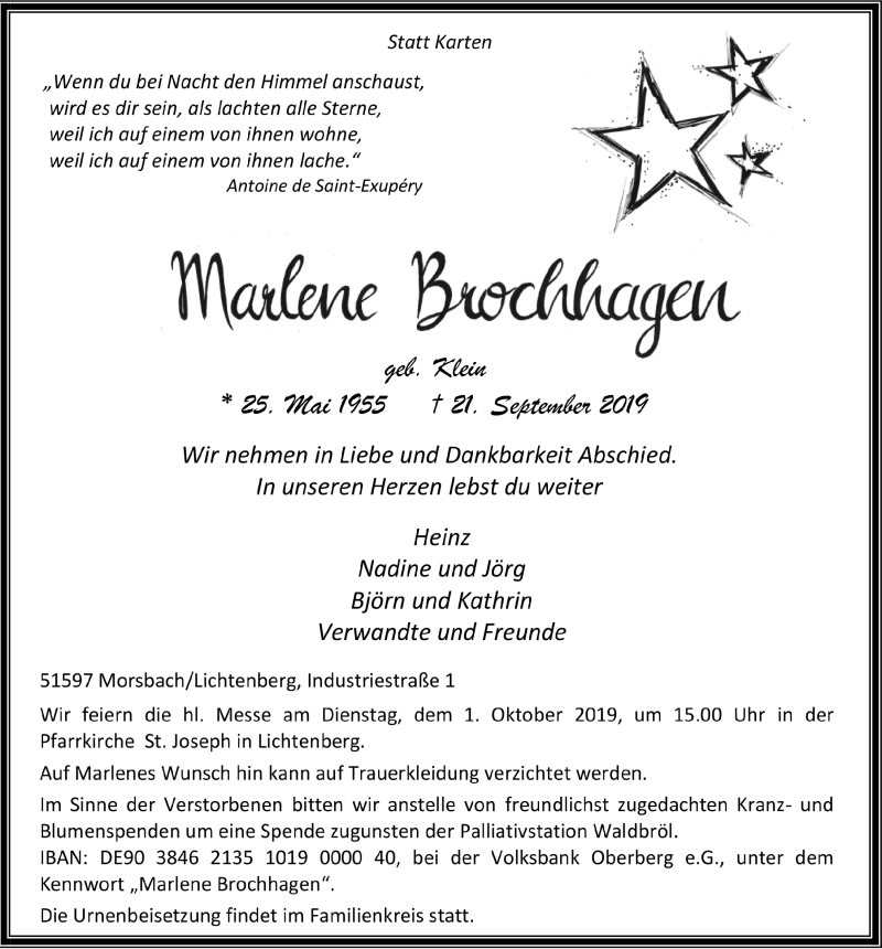  Traueranzeige für Marlene Brochhagen vom 25.09.2019 aus  Lokalanzeiger 