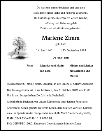Anzeige von Marlene Zimm von Kölner Stadt-Anzeiger / Kölnische Rundschau / Express