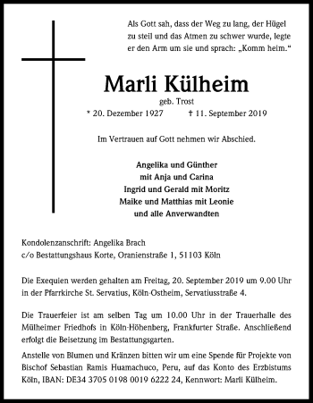 Anzeige von Marli Külheim von Kölner Stadt-Anzeiger / Kölnische Rundschau / Express