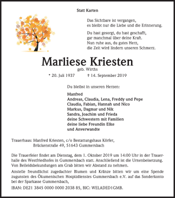 Anzeige von Marliese Kriesten von Kölner Stadt-Anzeiger / Kölnische Rundschau / Express