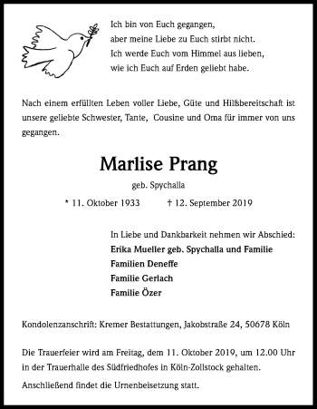 Anzeige von Marlise Prang von Kölner Stadt-Anzeiger / Kölnische Rundschau / Express