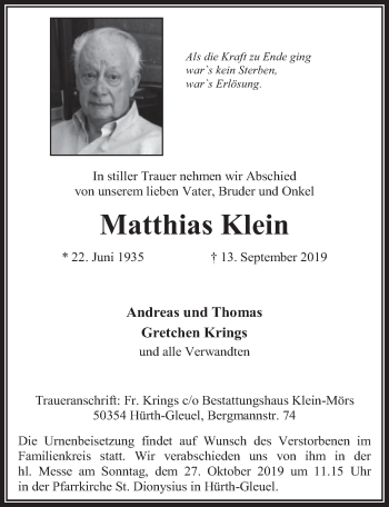 Anzeige von Matthias Klein von  Wochenende 