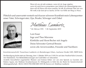 Anzeige von Matthias Lambertz von  Sonntags-Post 