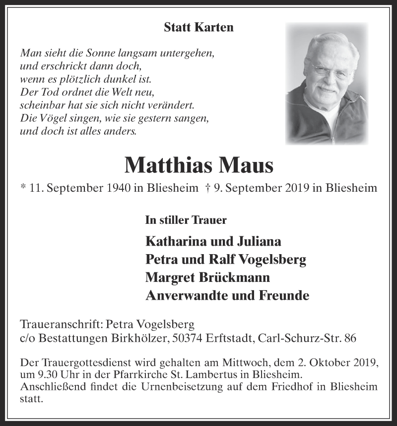  Traueranzeige für Matthias Maus vom 25.09.2019 aus  Werbepost 