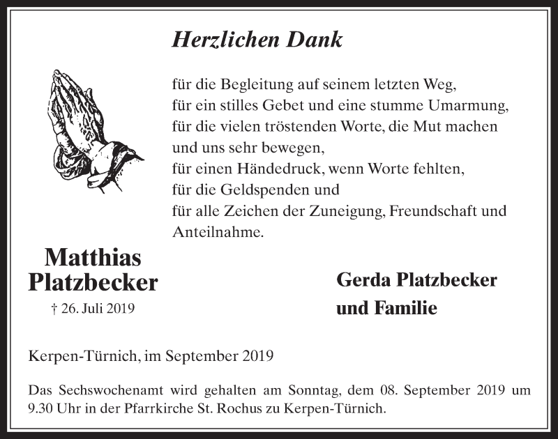  Traueranzeige für Matthias Platzbecker vom 04.09.2019 aus  Werbepost 