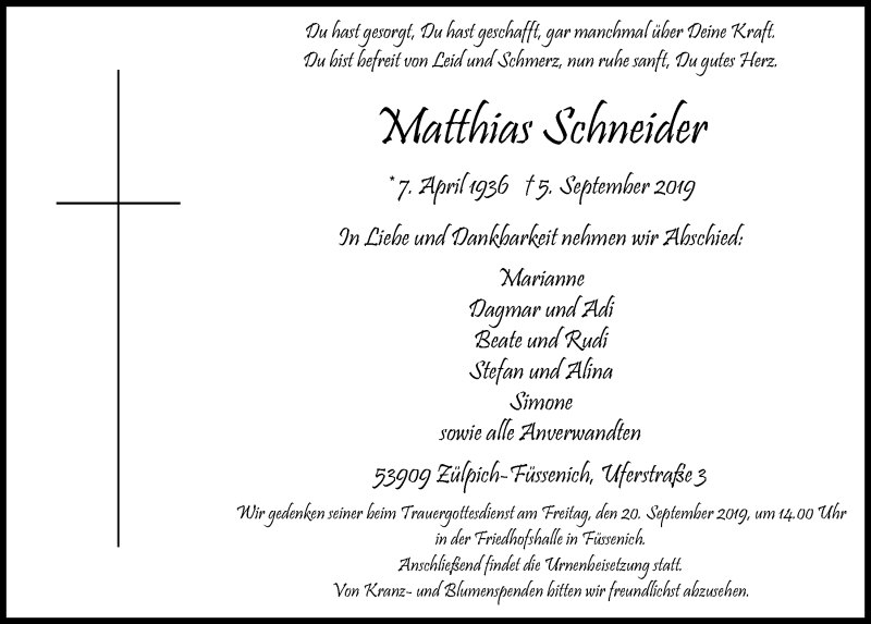  Traueranzeige für Matthias Schneider vom 14.09.2019 aus  Blickpunkt Euskirchen 