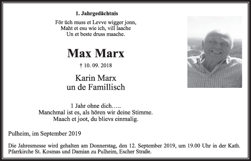  Traueranzeige für Max Marx vom 07.09.2019 aus  Sonntags-Post 
