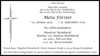 Anzeige von Meta Förster von Kölner Stadt-Anzeiger / Kölnische Rundschau / Express