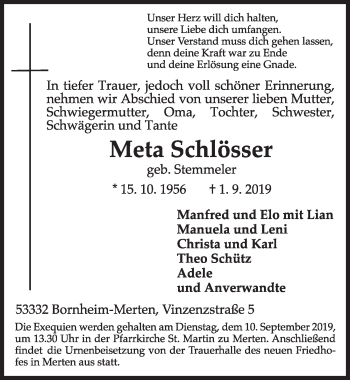 Anzeige von Meta Schlösser von  Schlossbote/Werbekurier 