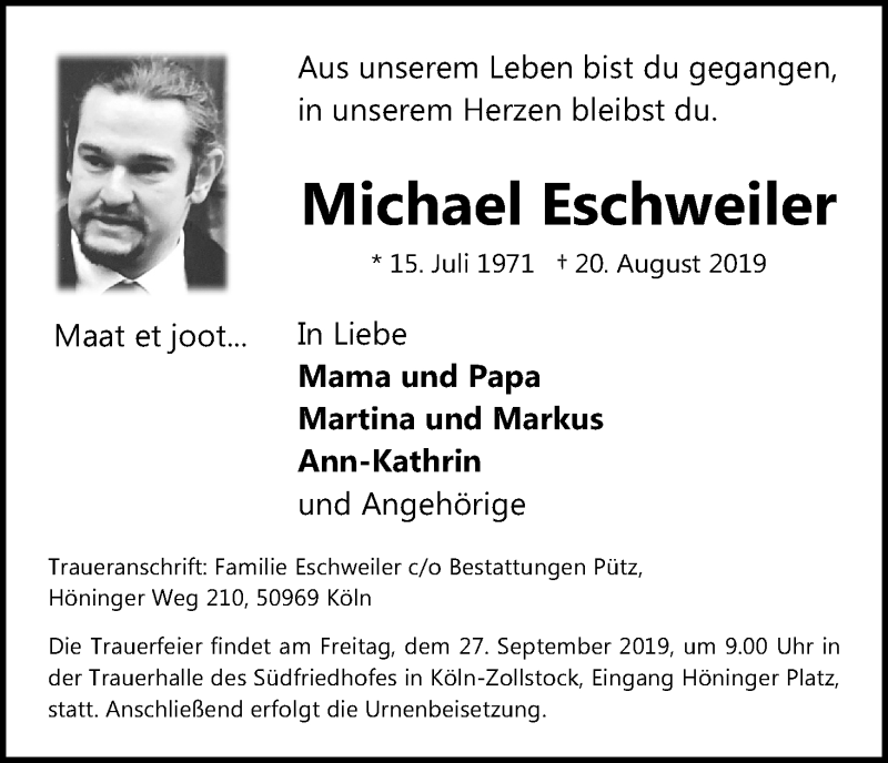  Traueranzeige für Michael Eschweiler vom 21.09.2019 aus Kölner Stadt-Anzeiger / Kölnische Rundschau / Express