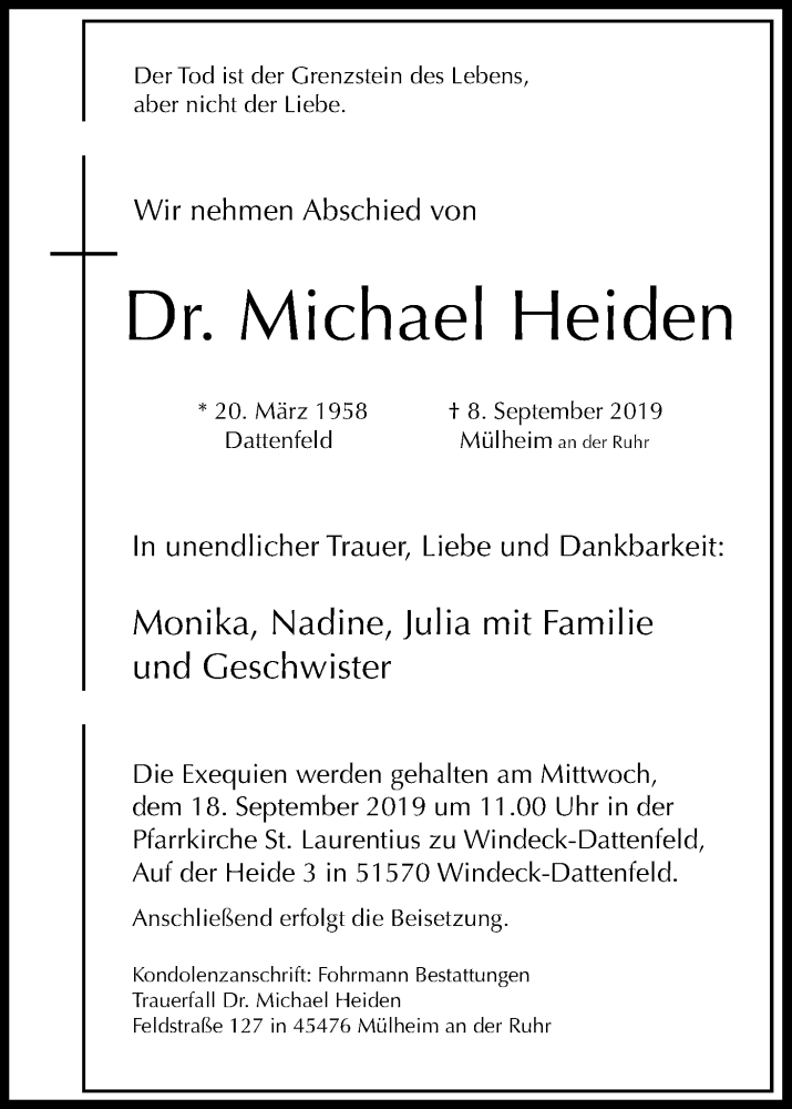  Traueranzeige für Michael Heiden vom 14.09.2019 aus Kölner Stadt-Anzeiger / Kölnische Rundschau / Express