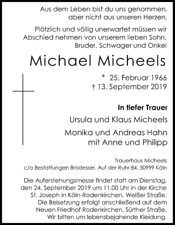 Anzeige von Michael Micheels von Kölner Stadt-Anzeiger / Kölnische Rundschau / Express