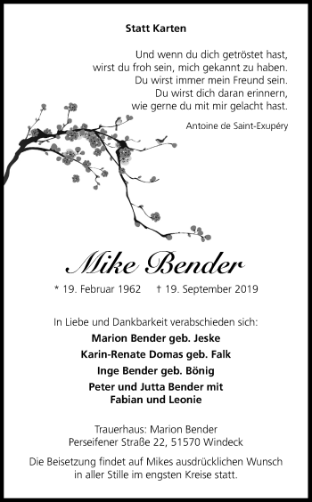 Anzeige von Mike Bender von Kölner Stadt-Anzeiger / Kölnische Rundschau / Express