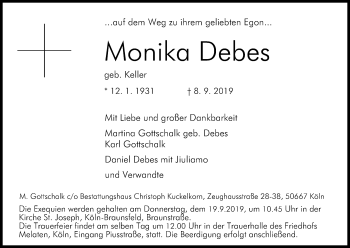 Anzeige von Monika Debes von Kölner Stadt-Anzeiger / Kölnische Rundschau / Express