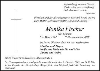 Anzeige von Monika Fischer von Kölner Stadt-Anzeiger / Kölnische Rundschau / Express