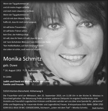 Anzeige von Monika Schmitz von Kölner Stadt-Anzeiger / Kölnische Rundschau / Express