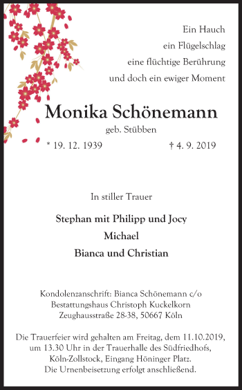 Anzeige von Monika Schönemann von Kölner Stadt-Anzeiger / Kölnische Rundschau / Express