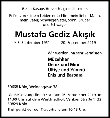 Anzeige von Mustafa Gediz Akisik von Kölner Stadt-Anzeiger / Kölnische Rundschau / Express