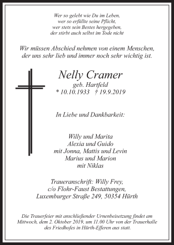 Anzeige von Nelly Cramer von  Wochenende 