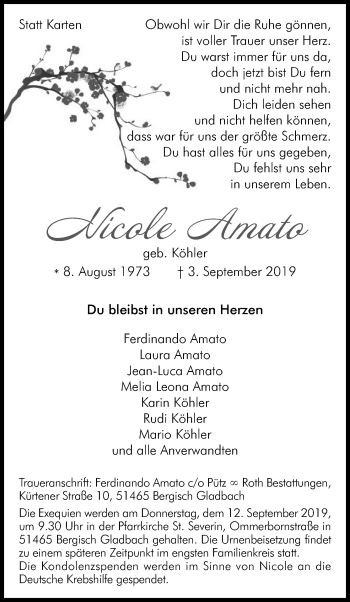 Anzeige von Nicole Amato von Kölner Stadt-Anzeiger / Kölnische Rundschau / Express