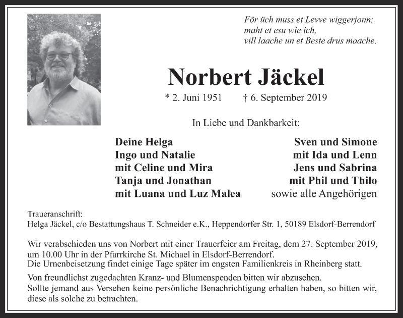  Traueranzeige für Norbert Jäckel vom 18.09.2019 aus  Werbepost 