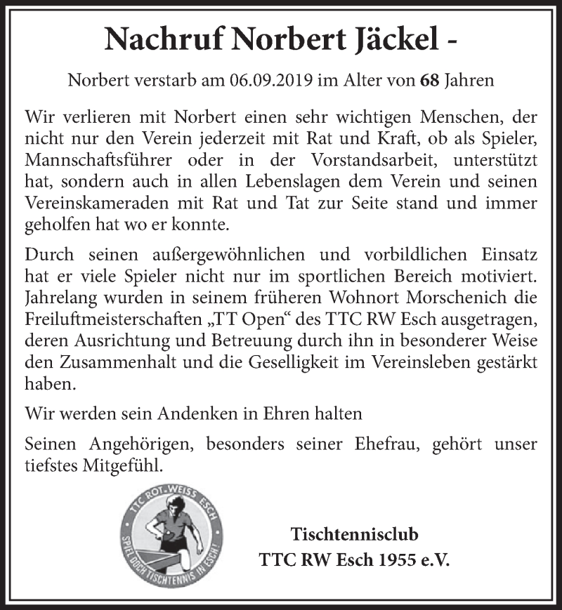  Traueranzeige für Norbert Jäckel vom 28.09.2019 aus  Sonntags-Post 