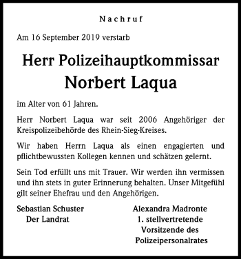 Anzeige von Norbert Laqua von Kölner Stadt-Anzeiger / Kölnische Rundschau / Express
