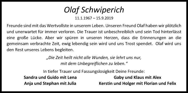  Traueranzeige für Olaf Schwiperich vom 28.09.2019 aus Kölner Stadt-Anzeiger / Kölnische Rundschau / Express