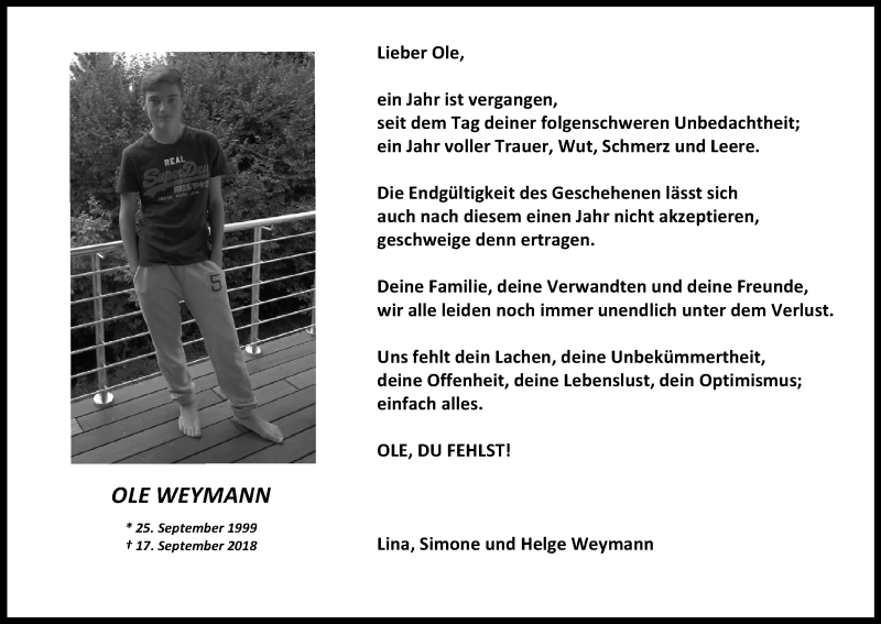  Traueranzeige für Ole Weymann vom 14.09.2019 aus Kölner Stadt-Anzeiger / Kölnische Rundschau / Express