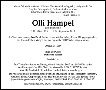 Anzeige von Olli Hampel von Kölner Stadt-Anzeiger / Kölnische Rundschau / Express