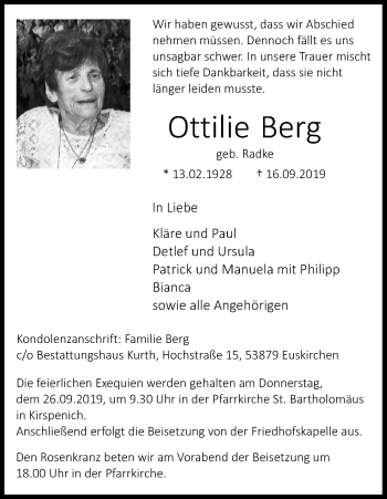 Anzeige von Ottilie Berg von Kölner Stadt-Anzeiger / Kölnische Rundschau / Express