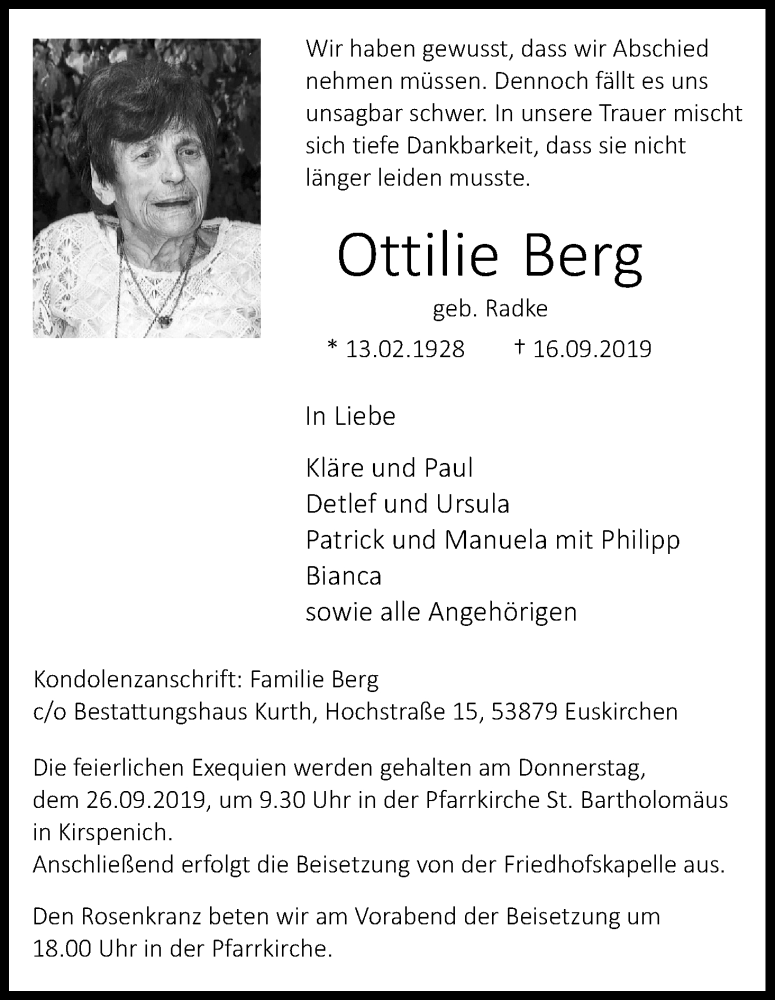  Traueranzeige für Ottilie Berg vom 21.09.2019 aus Kölner Stadt-Anzeiger / Kölnische Rundschau / Express