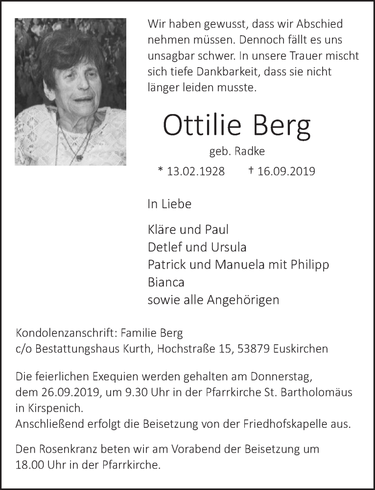  Traueranzeige für Ottilie Berg vom 21.09.2019 aus  Blickpunkt Euskirchen 