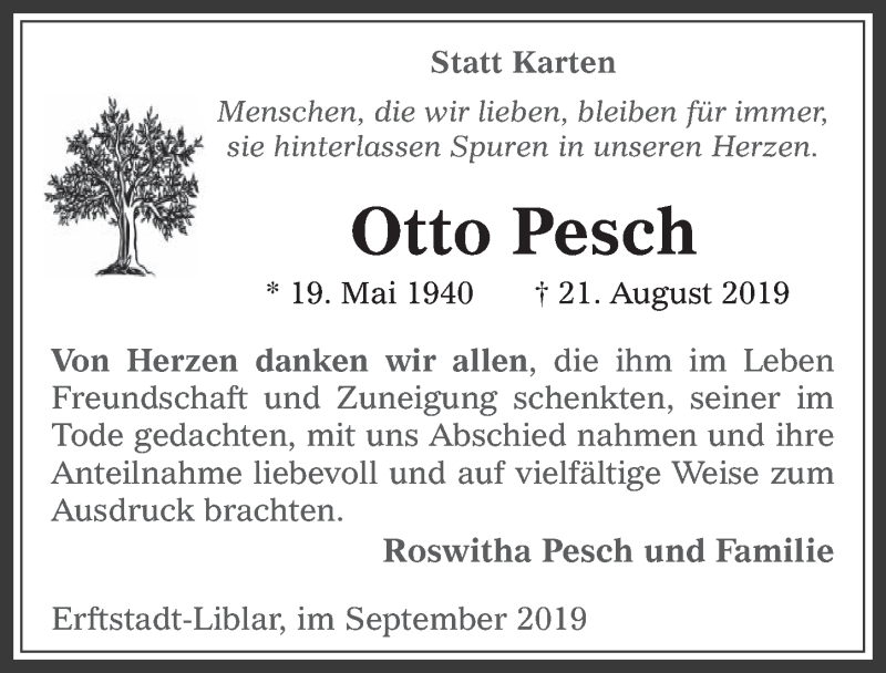  Traueranzeige für Otto Pesch vom 18.09.2019 aus  Werbepost 