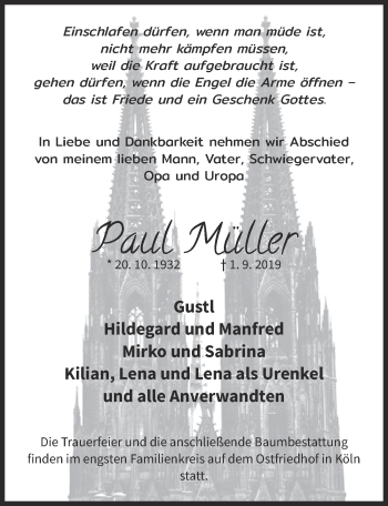 Anzeige von Paul Müller von  Kölner Wochenspiegel 