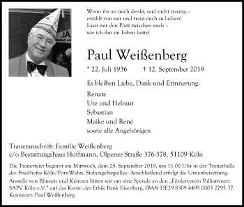 Anzeige von Paul Weißenberg von Kölner Stadt-Anzeiger / Kölnische Rundschau / Express