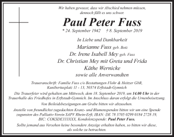 Anzeige von Paul Peter Fuss von  Sonntags-Post 