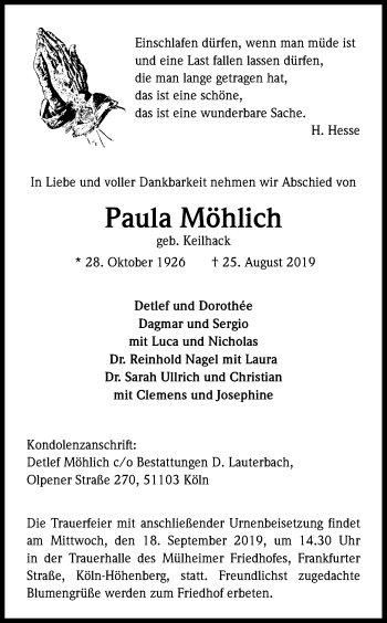 Anzeige von Paula Möhlich von Kölner Stadt-Anzeiger / Kölnische Rundschau / Express