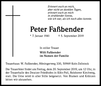 Anzeige von Peter Faßbender von Kölner Stadt-Anzeiger / Kölnische Rundschau / Express