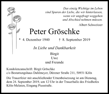 Anzeige von Peter Gröschke von Kölner Stadt-Anzeiger / Kölnische Rundschau / Express