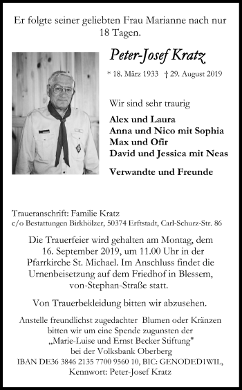 Anzeige von Peter-Josef Kratz von Kölner Stadt-Anzeiger / Kölnische Rundschau / Express