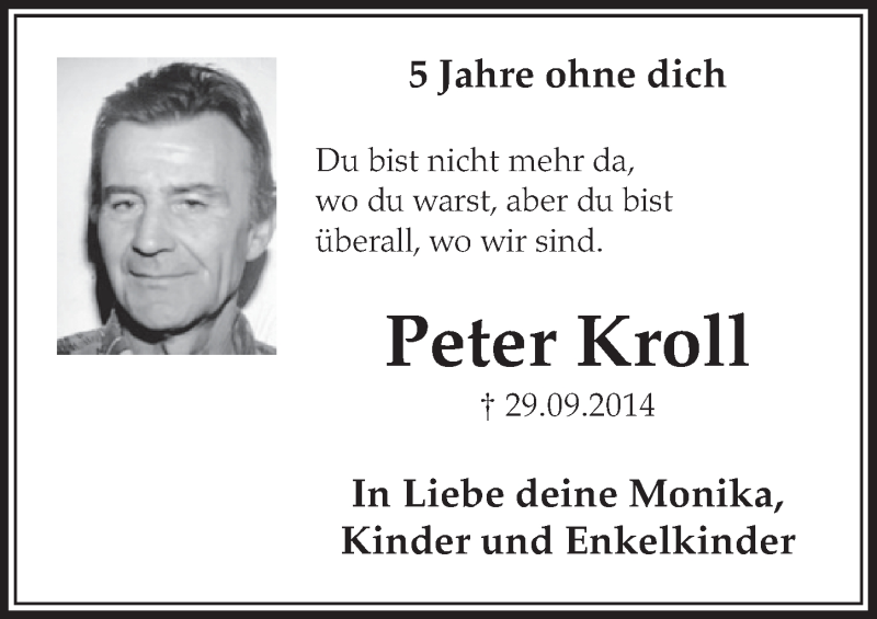  Traueranzeige für Peter Kroll vom 28.09.2019 aus  Sonntags-Post 