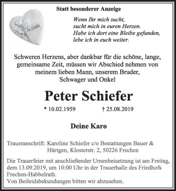 Anzeige von Peter Schiefer von  Sonntags-Post 