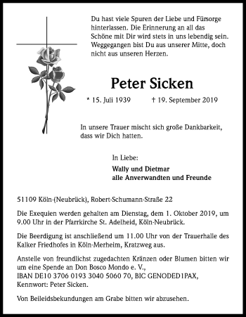 Anzeige von Peter Sicken von Kölner Stadt-Anzeiger / Kölnische Rundschau / Express