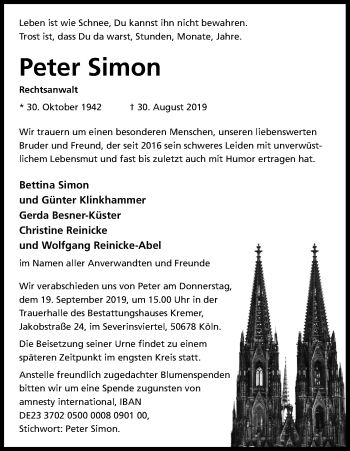Anzeige von Peter Simon von Kölner Stadt-Anzeiger / Kölnische Rundschau / Express