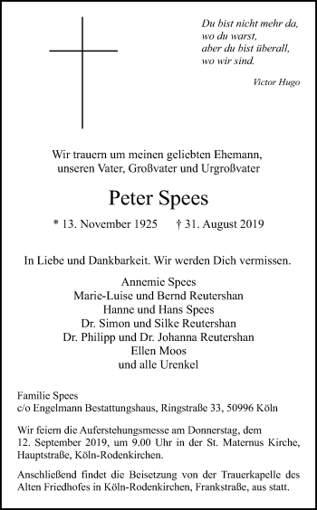 Anzeige von Peter Spees von Kölner Stadt-Anzeiger / Kölnische Rundschau / Express