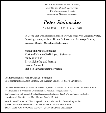 Anzeige von Peter Steinacker von Kölner Stadt-Anzeiger / Kölnische Rundschau / Express