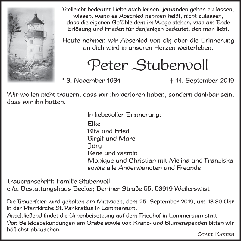  Traueranzeige für Peter Stubenvoll vom 21.09.2019 aus  Blickpunkt Euskirchen 