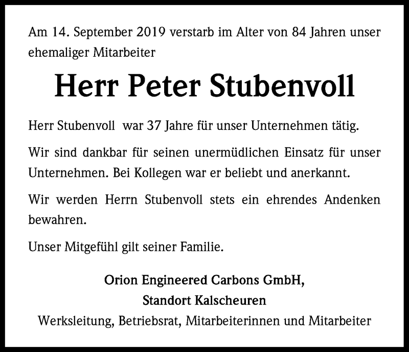  Traueranzeige für Peter Stubenvoll vom 26.09.2019 aus Kölner Stadt-Anzeiger / Kölnische Rundschau / Express